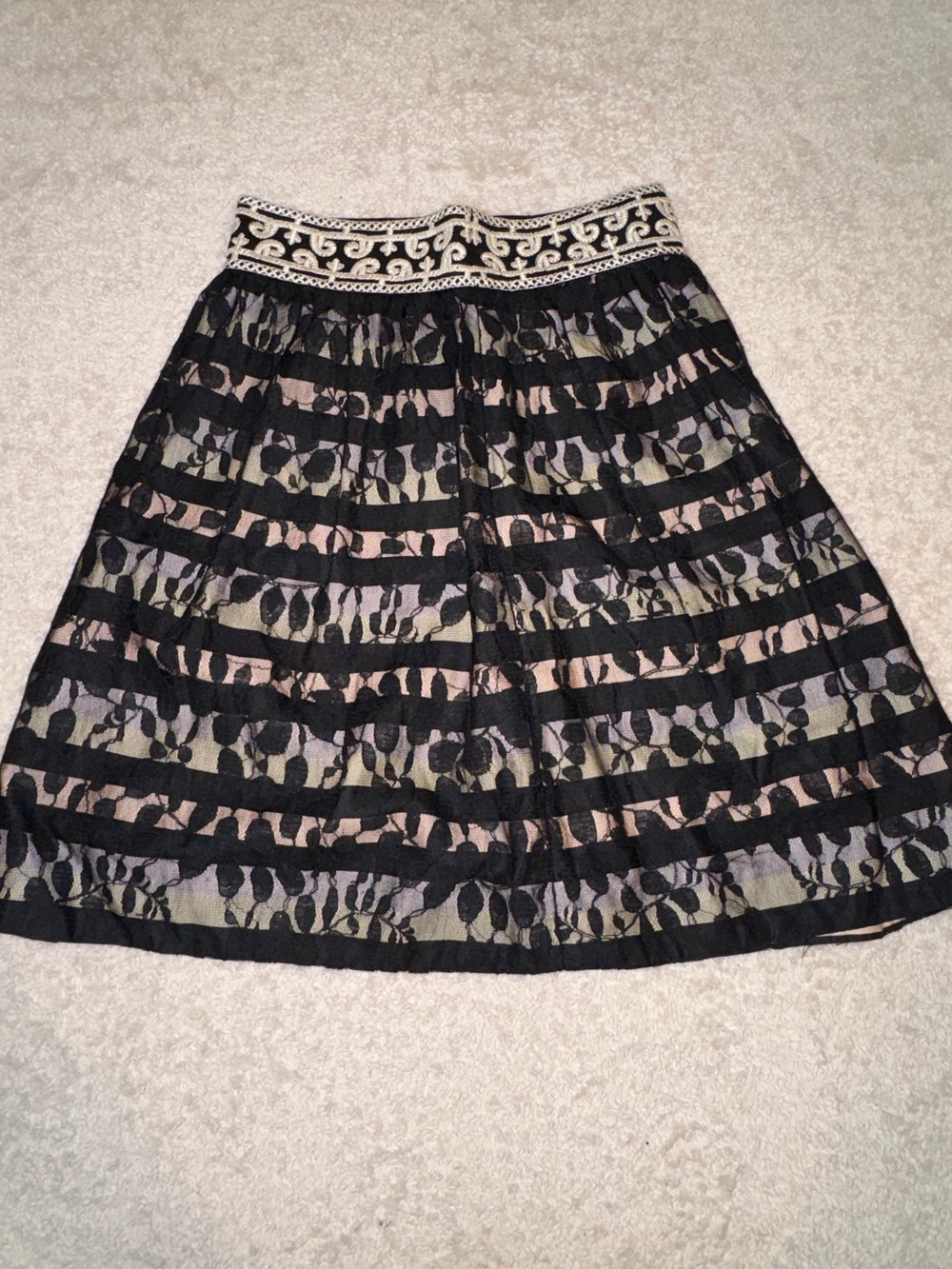 Floreat by Anthropologie Black Lace A-Line Skirt w/ Cream Embroidered Waistband